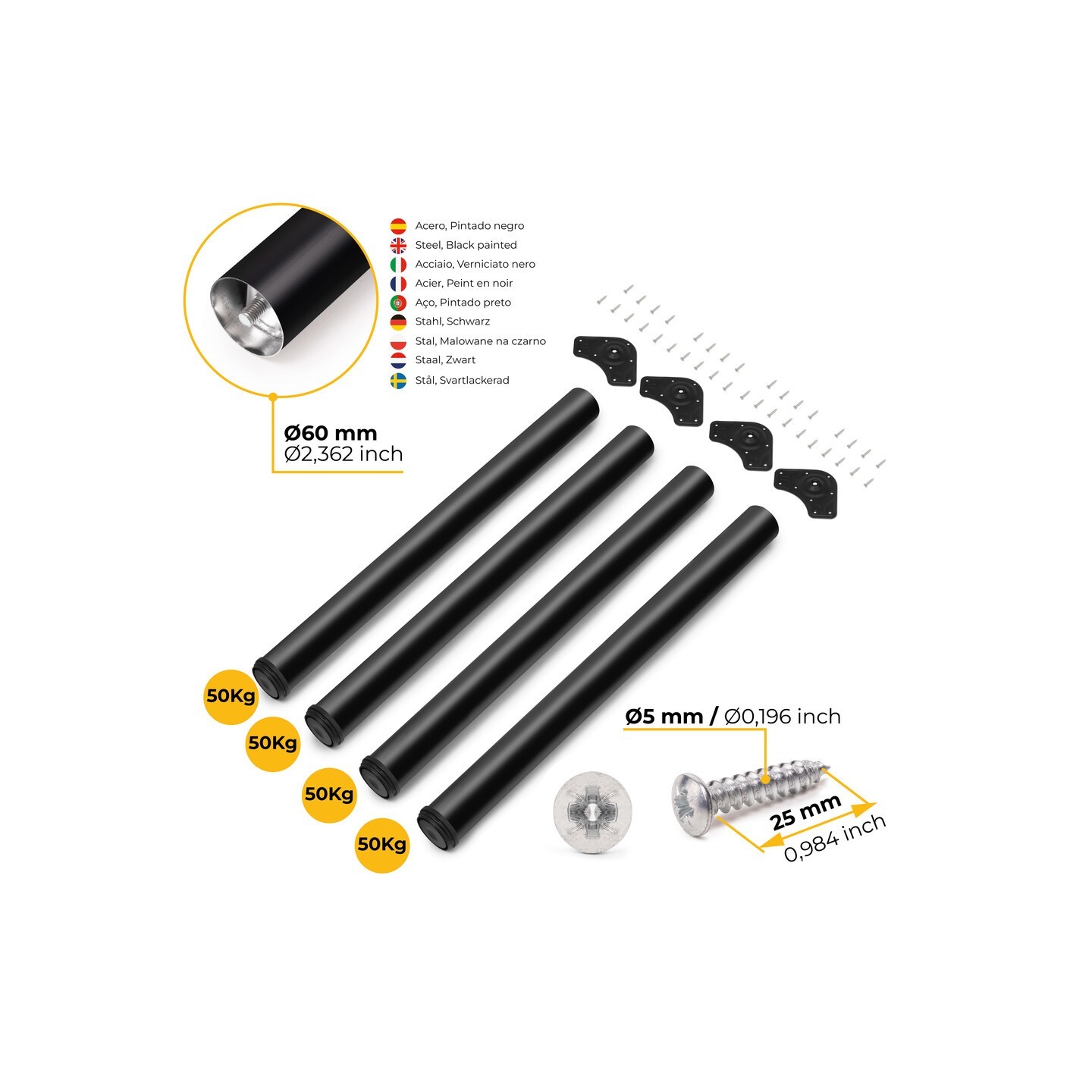 KIT 4 GAMBE TAVOLO NERO Ø60X710