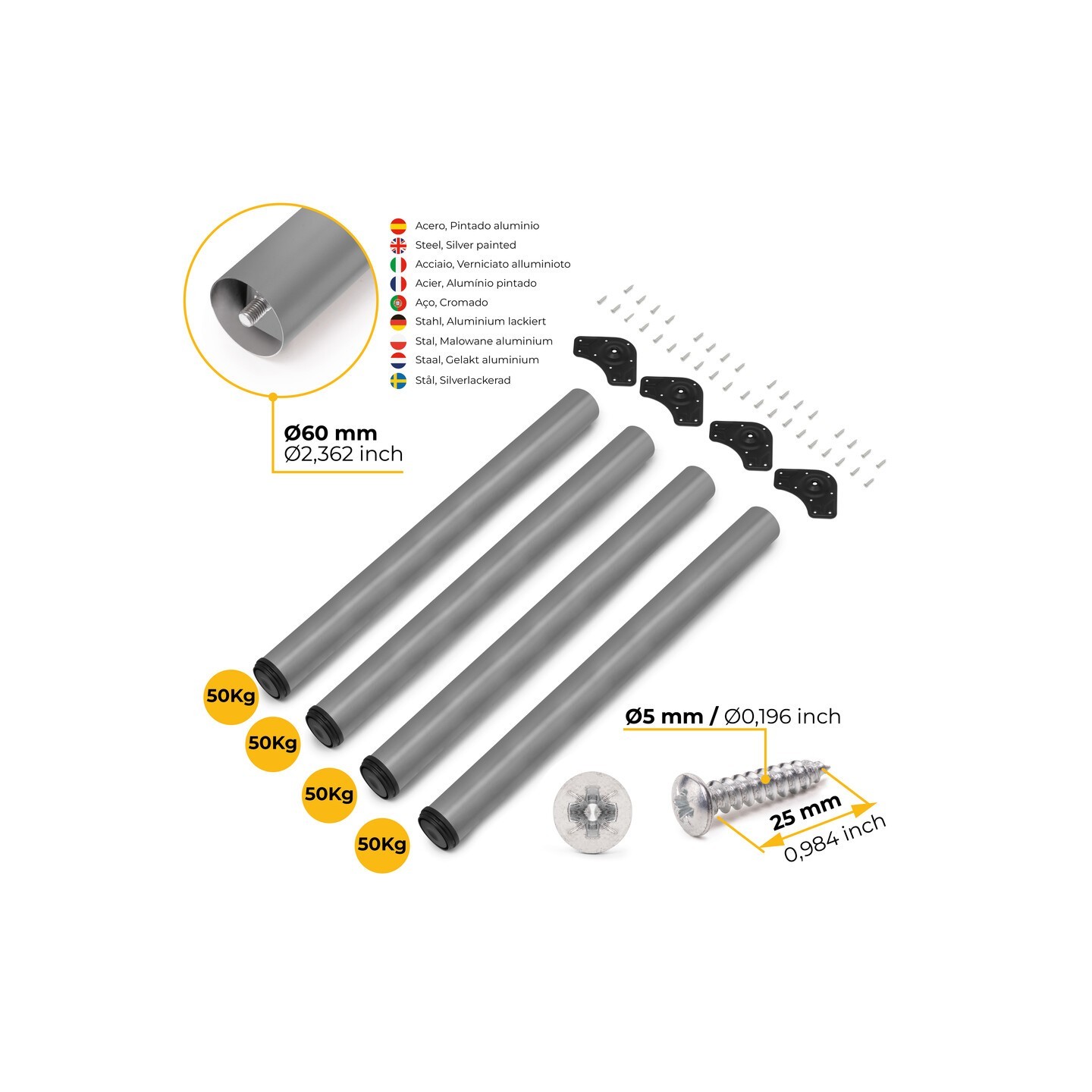 KIT 4 GAMBE TAV. V.ALLUMINIO Ø60X830